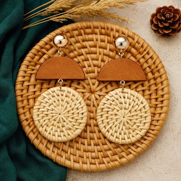 🆕️ Handmade Bohemian Rattan Wood Woven Drop Earrings 🌿 Lightweight Trendy - Picture 1 of 10